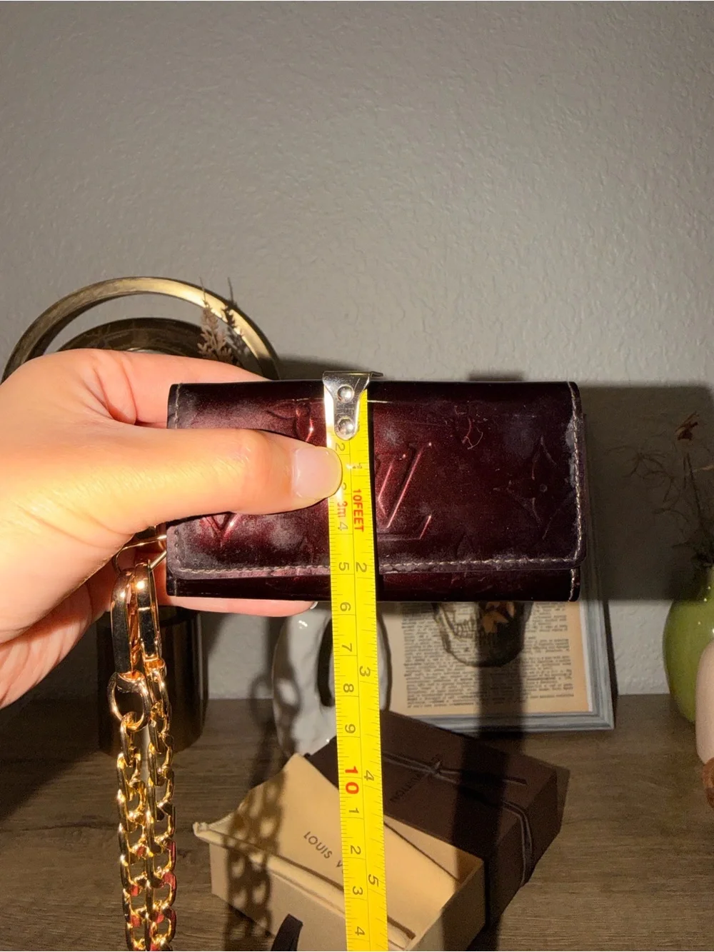 Louis Vuitton Burgundy Vernis Monogram Key Pouch with Gold Chain